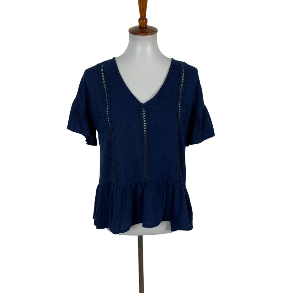 Hem And Thread Top Small Blue Ruffle Sleeve Textured Boho Lightweight Blouse